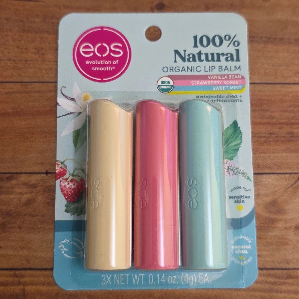 eos Organic Lip Balm Trio 3-Pack - Vanilla, Strawberry, Mint 100% Natural